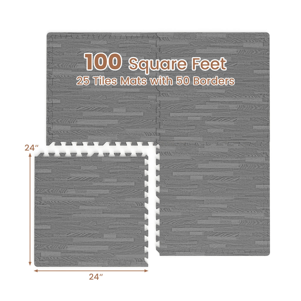 Gray 25 Tiles Wood Grain Foam Floor Mats with Borders - Interlocking Deck Tiles