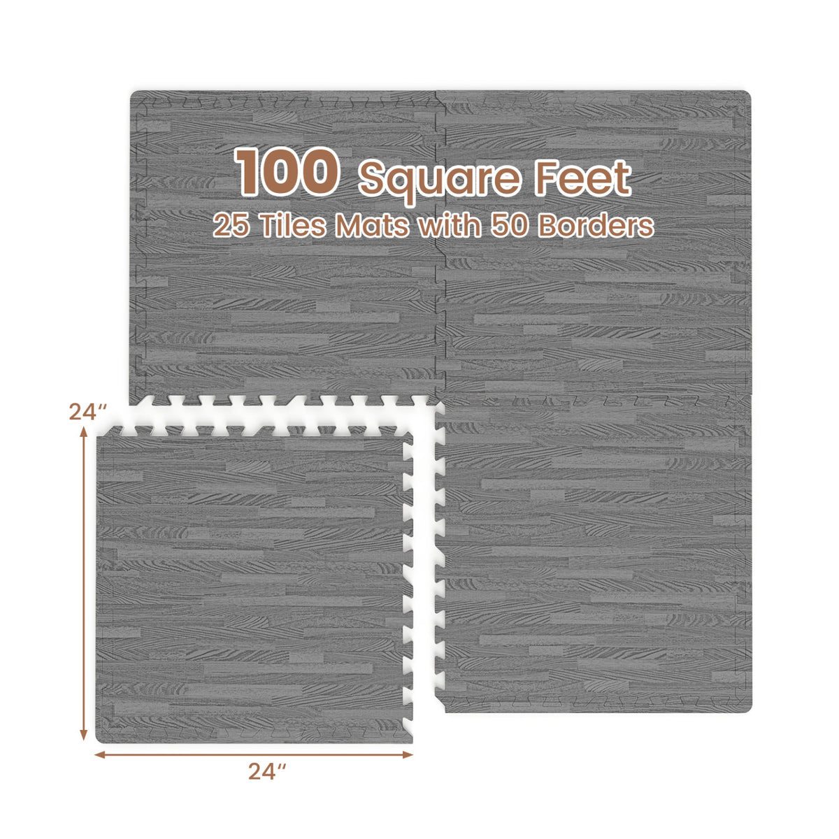 Gray 25 Tiles Wood Grain Foam Floor Mats with Borders - Interlocking Deck Tiles