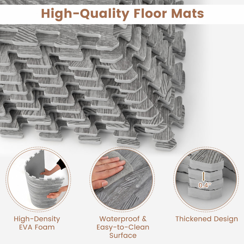 Gray 25 Tiles Wood Grain Foam Floor Mats with Borders - Interlocking Deck Tiles