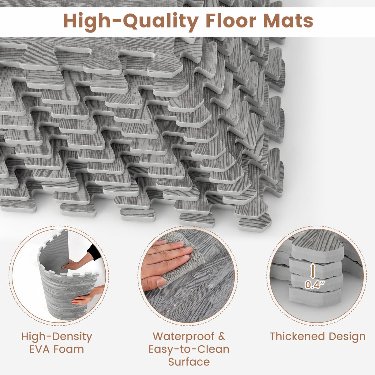 Gray 25 Tiles Wood Grain Foam Floor Mats with Borders - Interlocking Deck Tiles