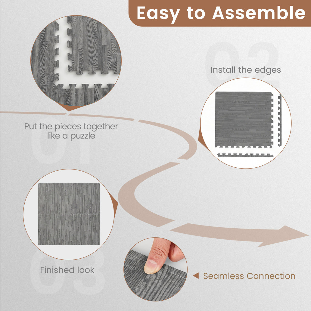 Gray 25 Tiles Wood Grain Foam Floor Mats with Borders - Interlocking Deck Tiles