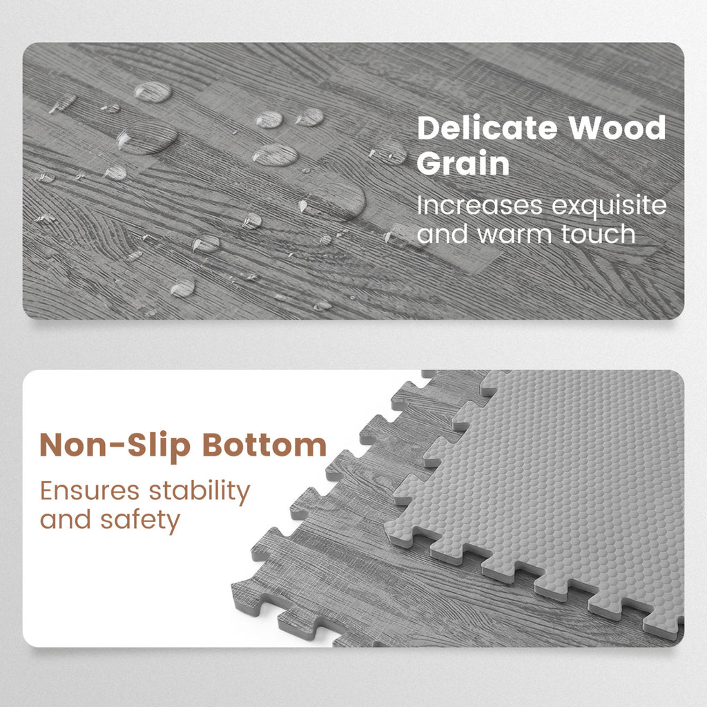 Gray 25 Tiles Wood Grain Foam Floor Mats with Borders - Interlocking Deck Tiles