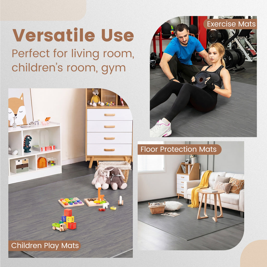 Gray 25 Tiles Wood Grain Foam Floor Mats with Borders - Interlocking Deck Tiles