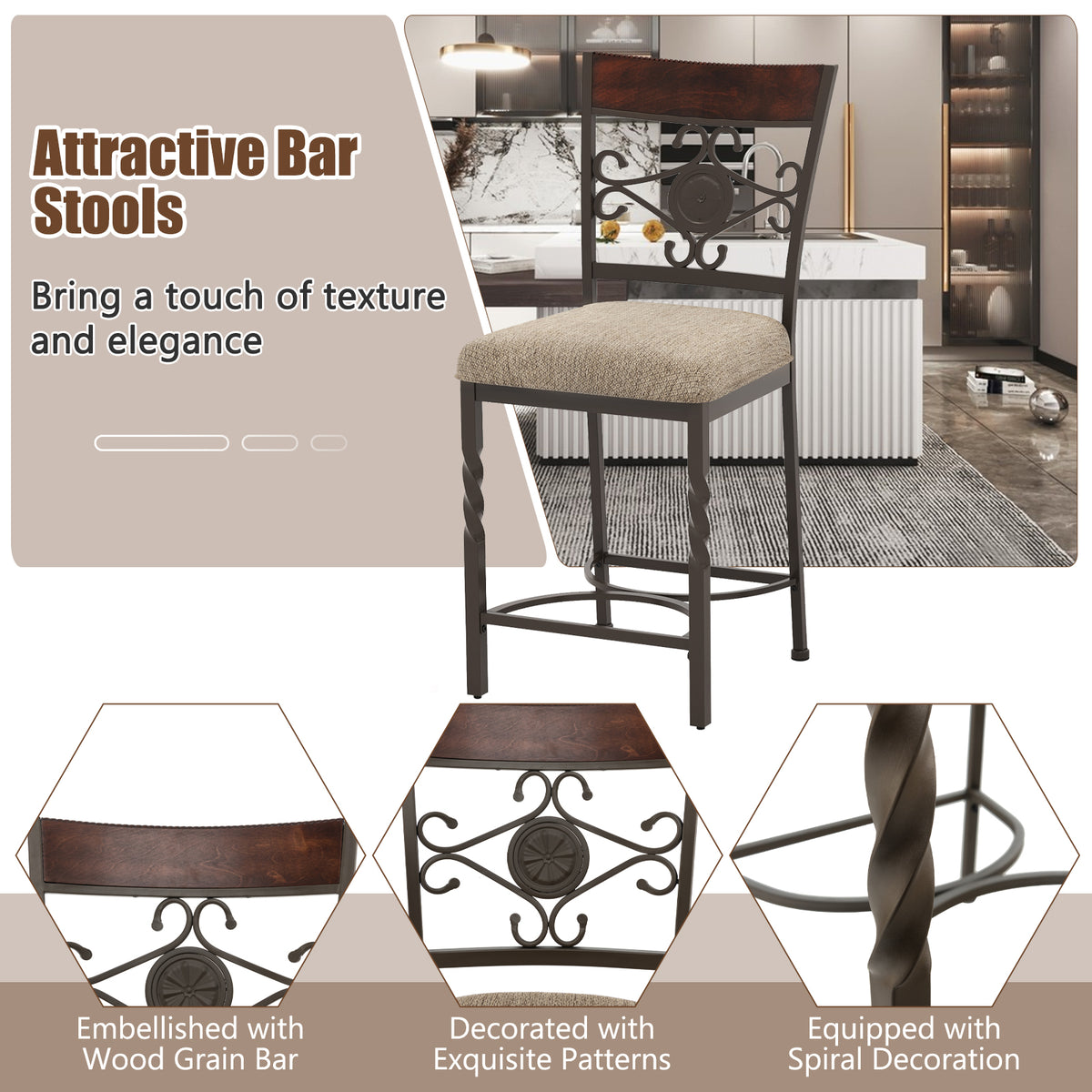 25-Inch Bar Stools Set of 2, Rust-Proof Metal Frame, Brown
