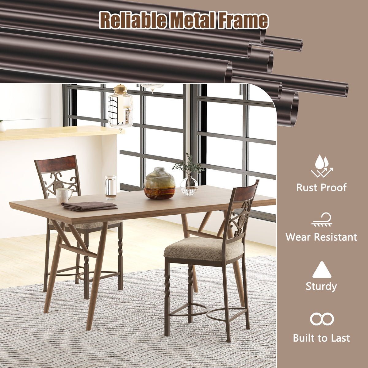 25-Inch Bar Stools Set of 2, Rust-Proof Metal Frame, Brown