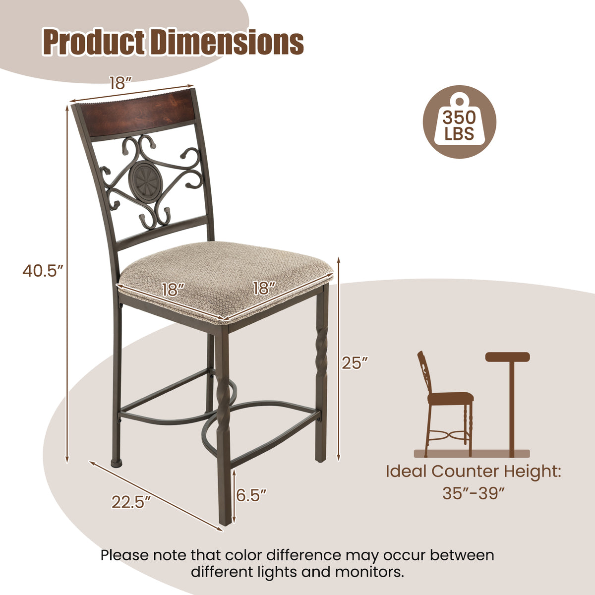 25-Inch Bar Stools Set of 2, Rust-Proof Metal Frame, Brown
