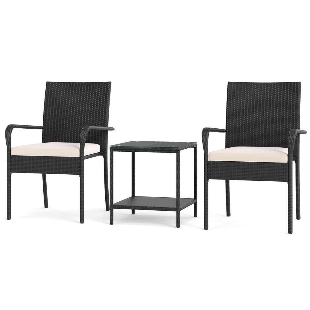 3 Piece Patio Furniture Set with Seat Cushions and Tempered Glass