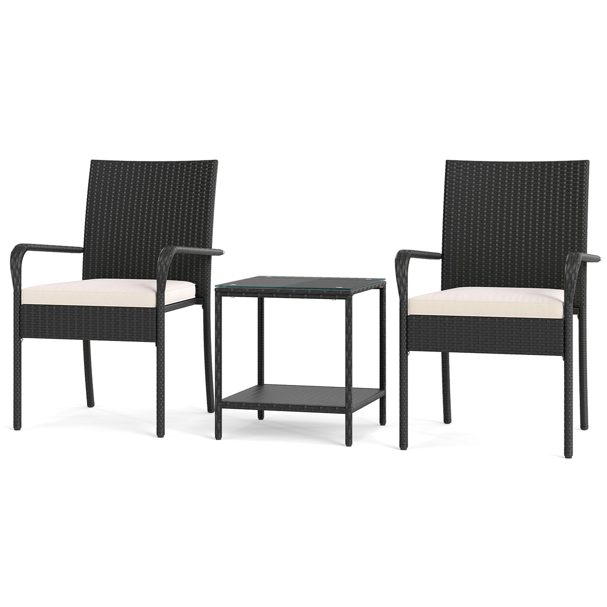 3 Piece Patio Furniture Set with Seat Cushions and Tempered Glass