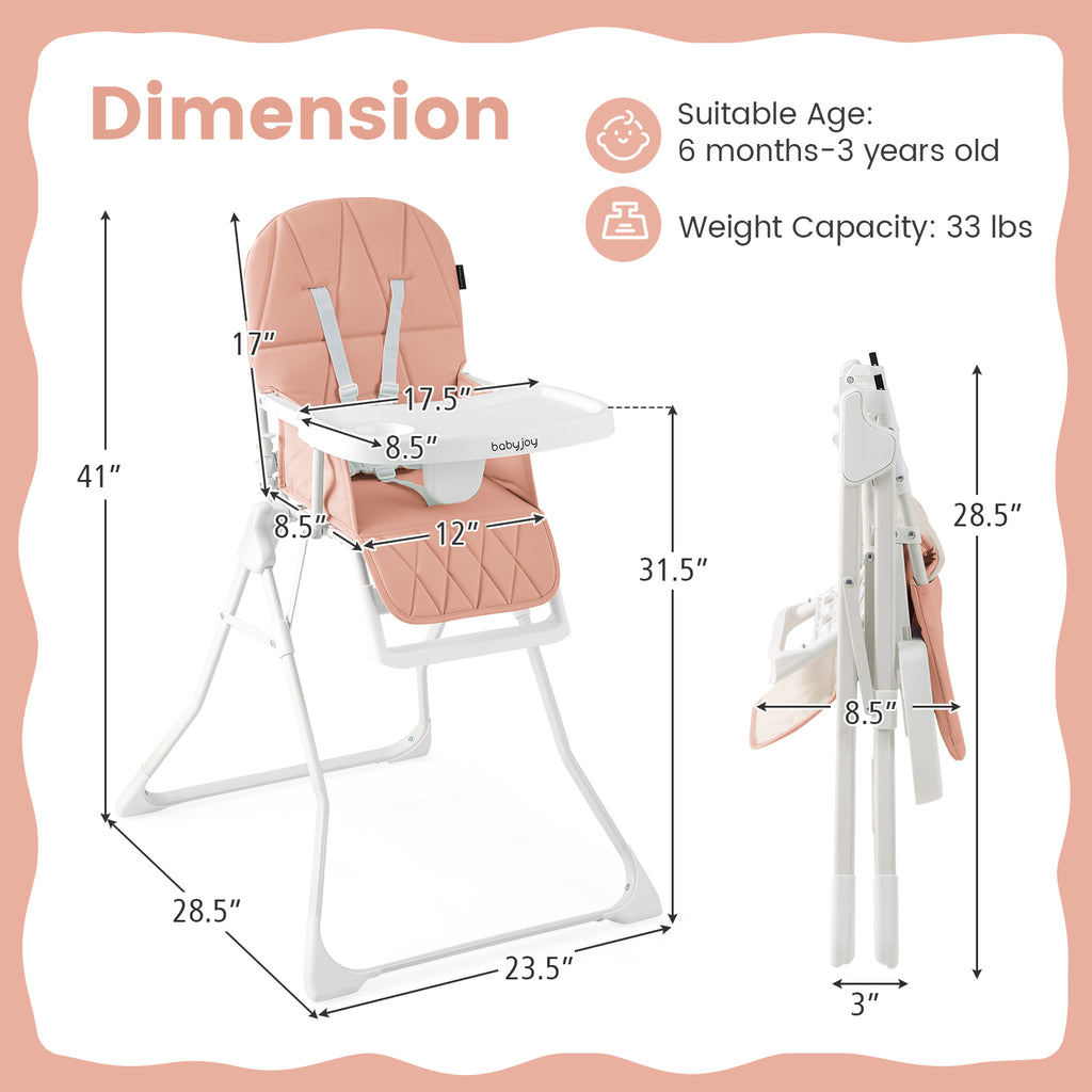 Pink Compact Highchair with Removable Tray & Safety Harness - Easy Clean & Space Saving