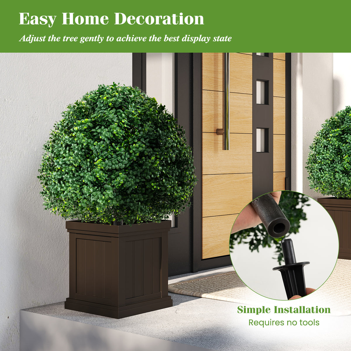 28-Inch Artificial Boxwood Topiary Ball Tree Set of 2 with Ground Spike - Green