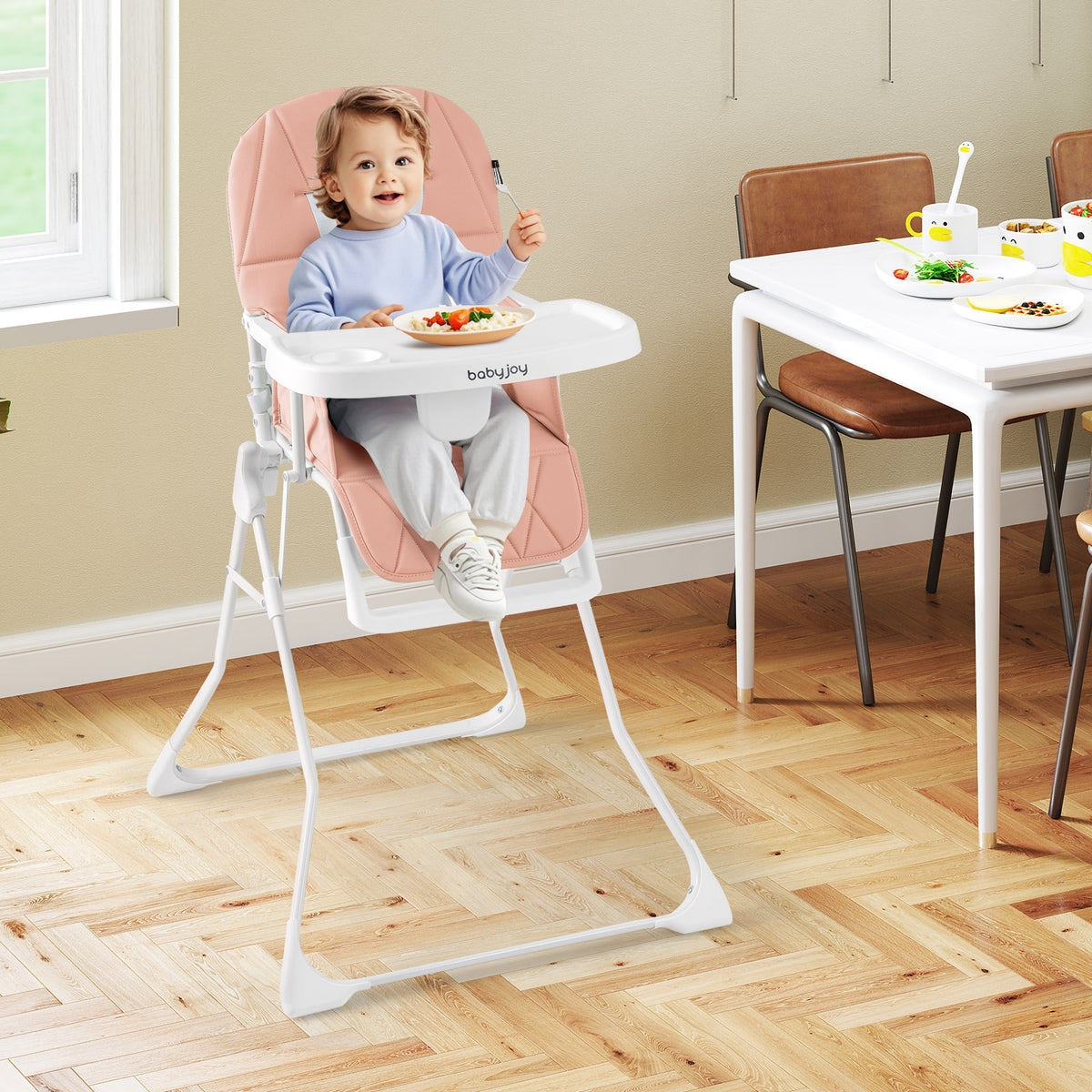 Pink Compact Highchair with Removable Tray & Safety Harness - Easy Clean & Space Saving