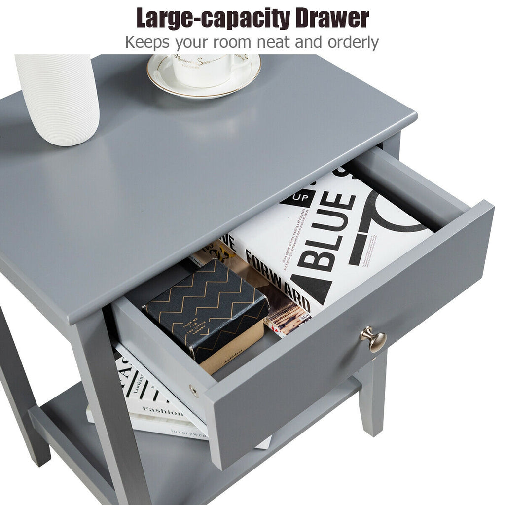 Wooden Nightstand with Drawer & Shelf Storage - Gray