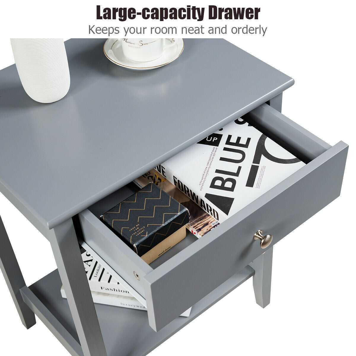Wooden Nightstand with Drawer & Shelf Storage - Gray