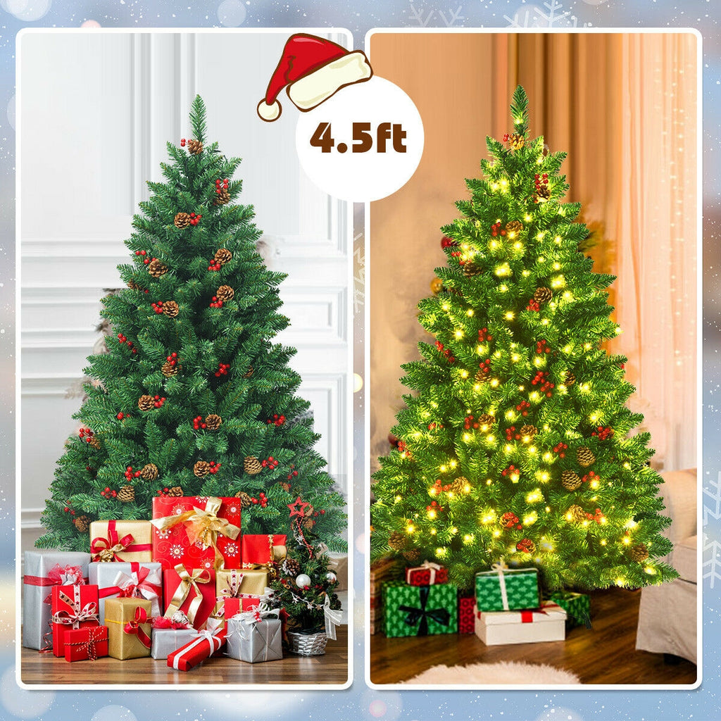 4.5 Feet Pre-Lit Hinged Christmas Tree with 300 LED Lights and Pine Cone Decor
