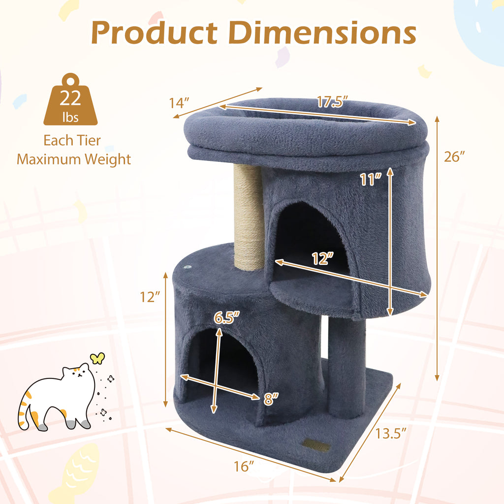 Costway 26 Inch Cat Tower with Large Padded Perch & Dual Condos - Dark Gray