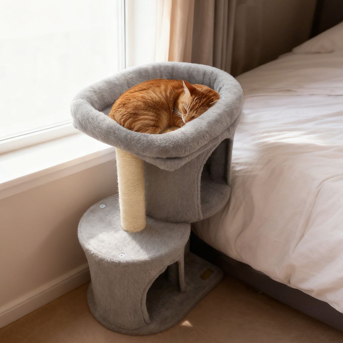 26 Inch Cat Tower with Large Padded Perch & Dual Condos - Light Gray
