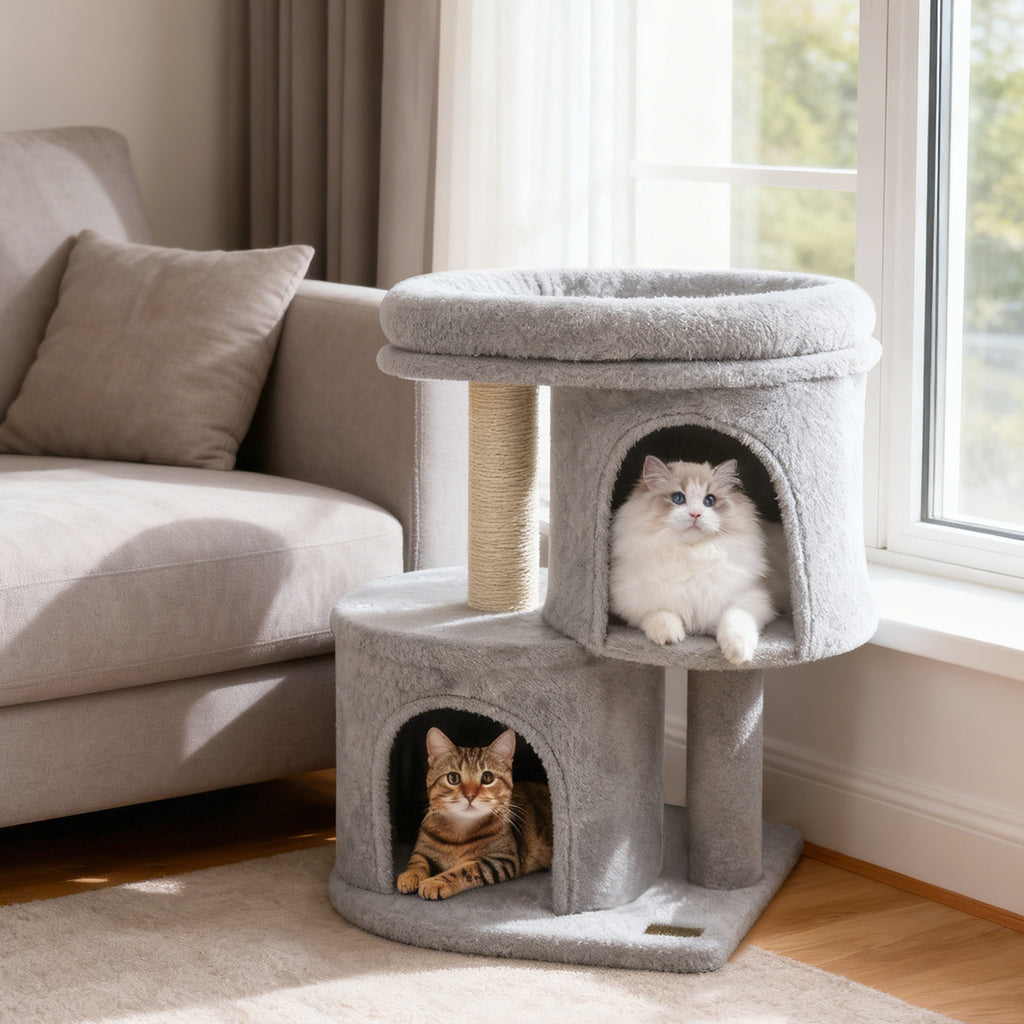 26 Inch Cat Tower with Large Padded Perch & Dual Condos - Light Gray