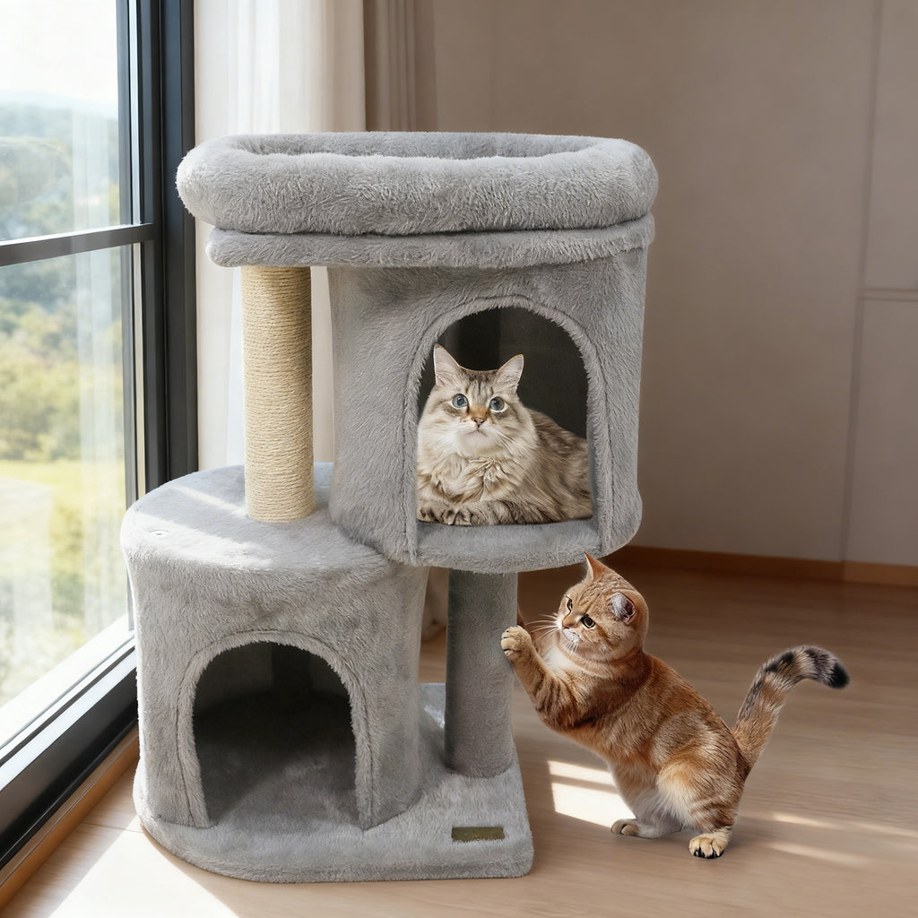 26 Inch Cat Tower with Large Padded Perch & Dual Condos - Light Gray