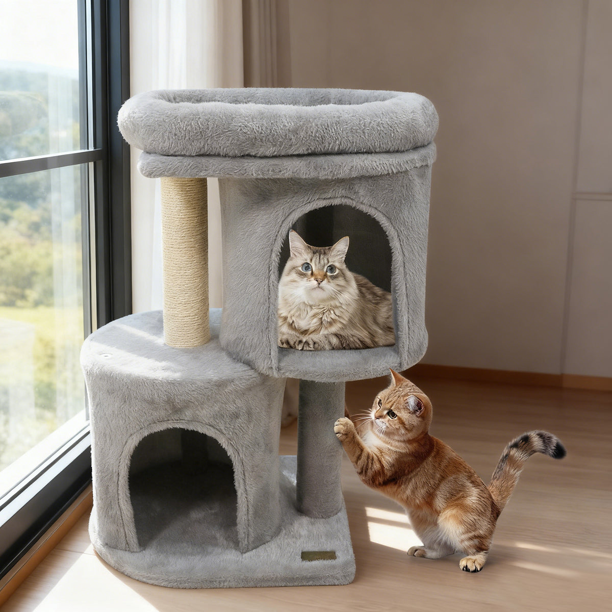 26 Inch Cat Tower with Large Padded Perch & Dual Condos - Light Gray