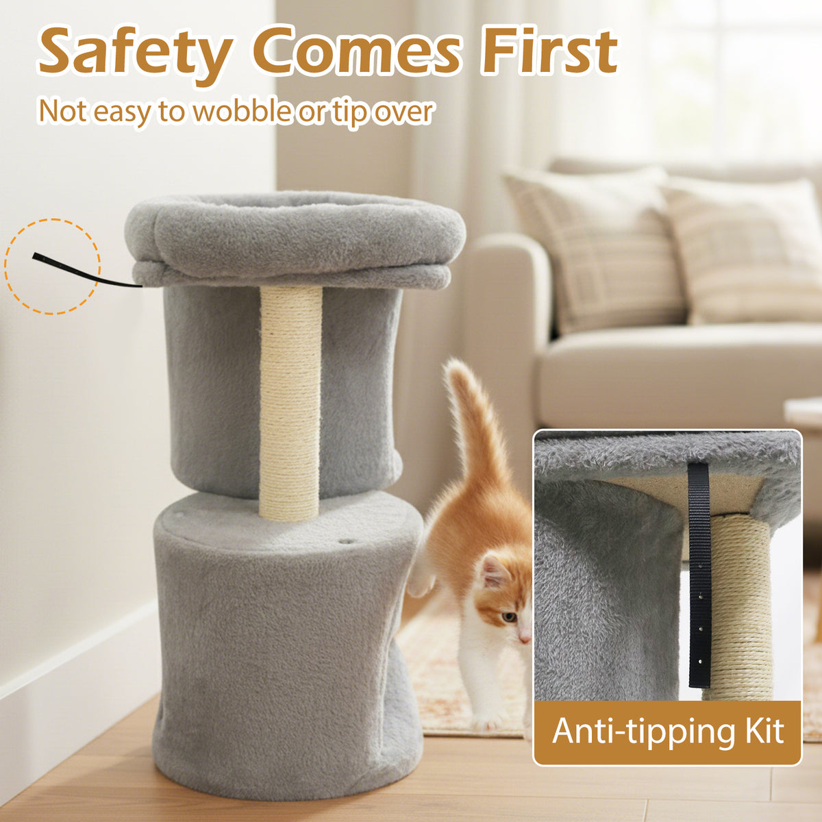 26 Inch Cat Tower with Large Padded Perch & Dual Condos - Light Gray