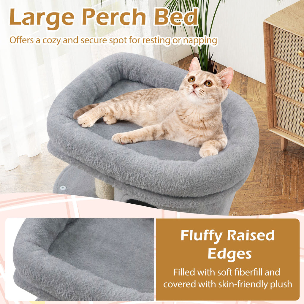 26 Inch Cat Tower with Large Padded Perch & Dual Condos - Light Gray