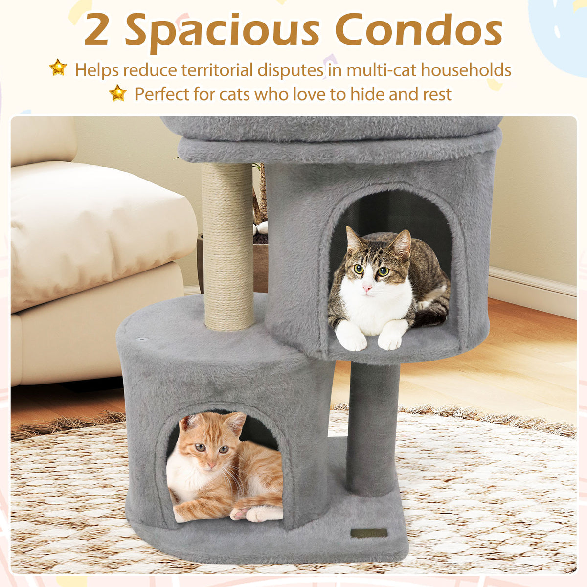 26 Inch Cat Tower with Large Padded Perch & Dual Condos - Light Gray