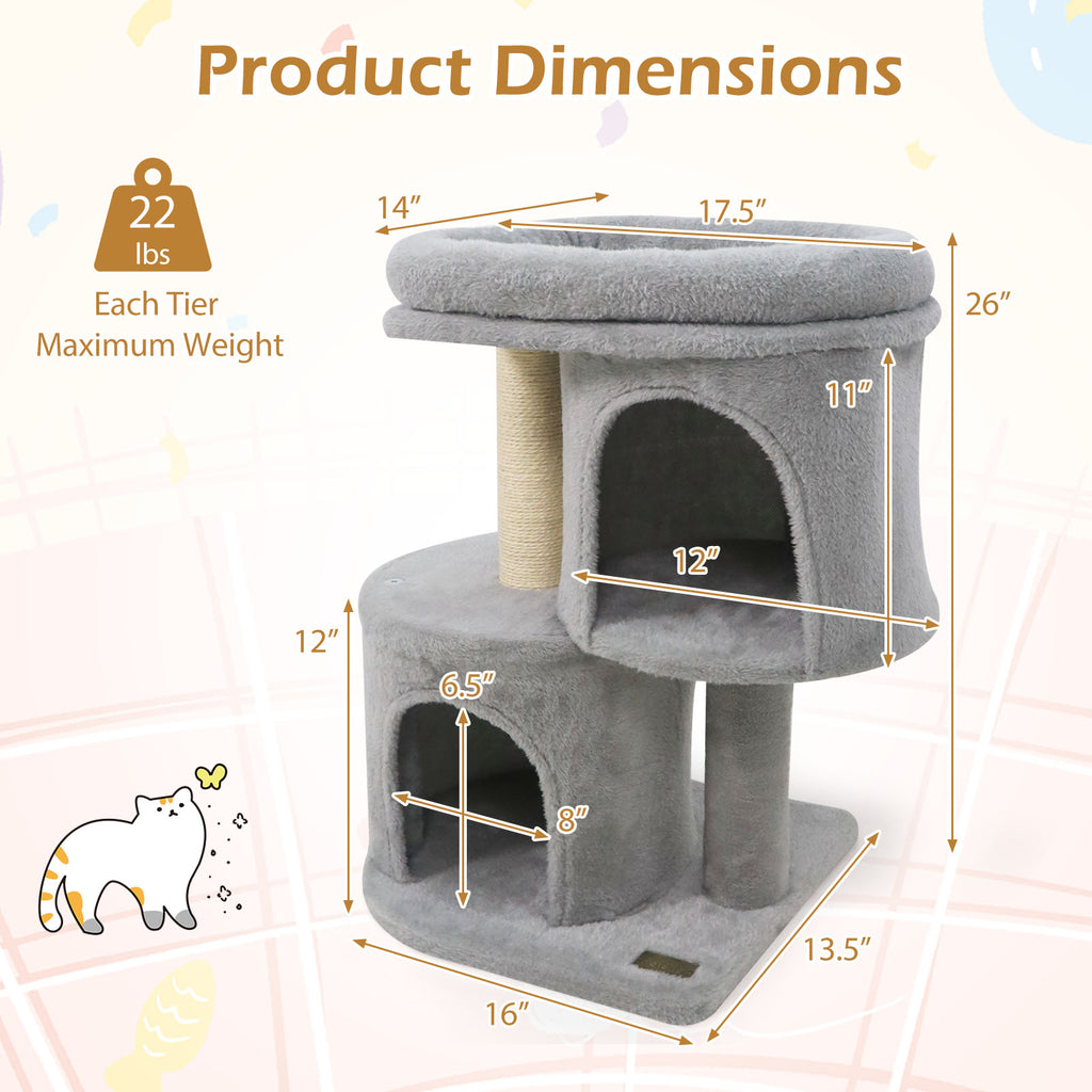 26 Inch Cat Tower with Large Padded Perch & Dual Condos - Light Gray