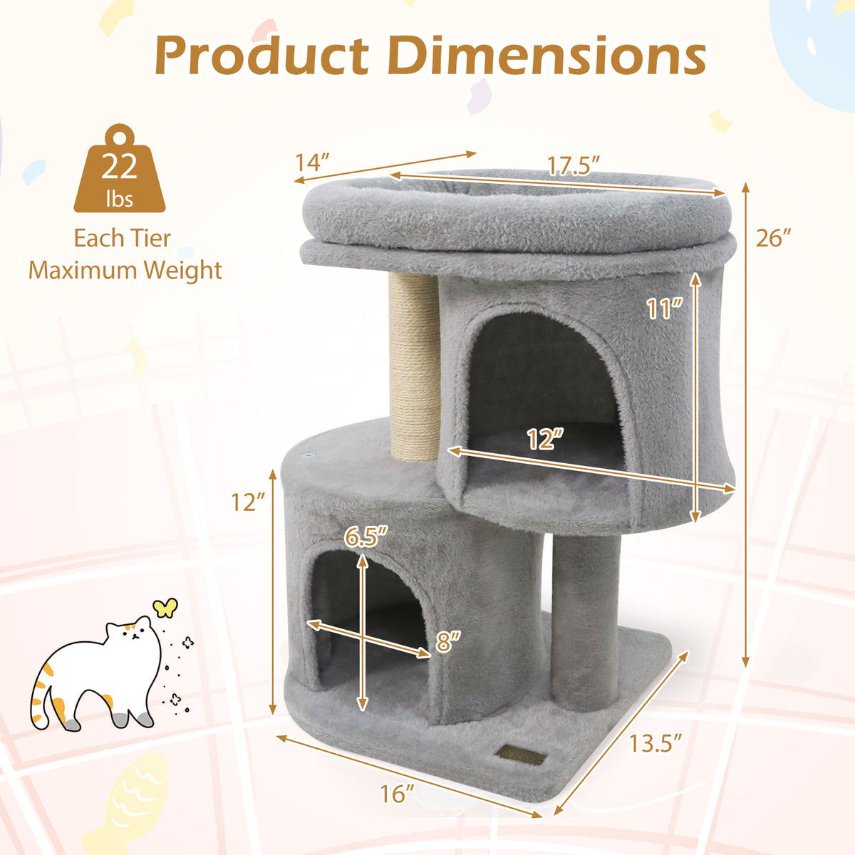 26 Inch Cat Tower with Large Padded Perch & Dual Condos - Light Gray