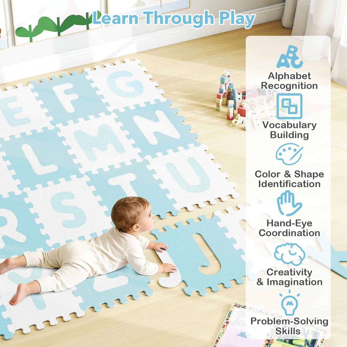 Interlocking ABC Play Mats Blue with Detachable Letters - 26 Pieces
