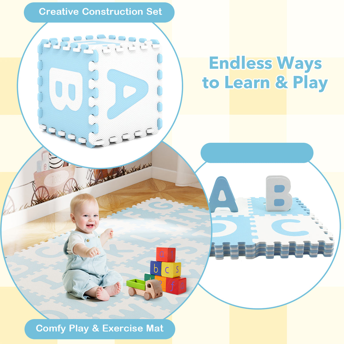 Interlocking ABC Play Mats Blue with Detachable Letters - 26 Pieces