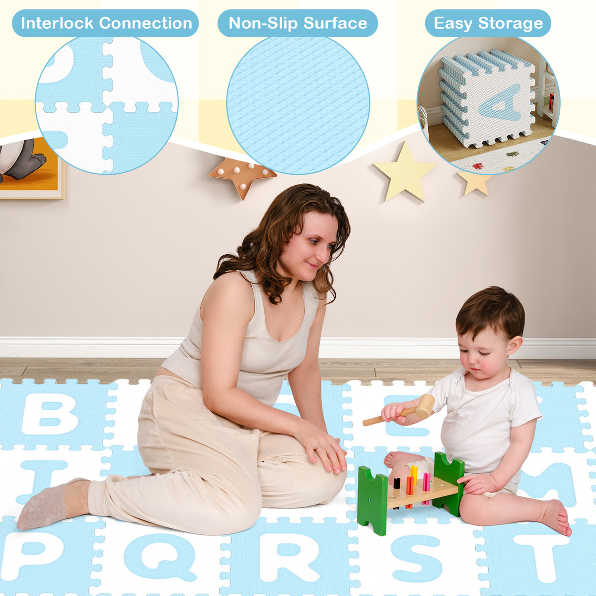 Interlocking ABC Play Mats Blue with Detachable Letters - 26 Pieces