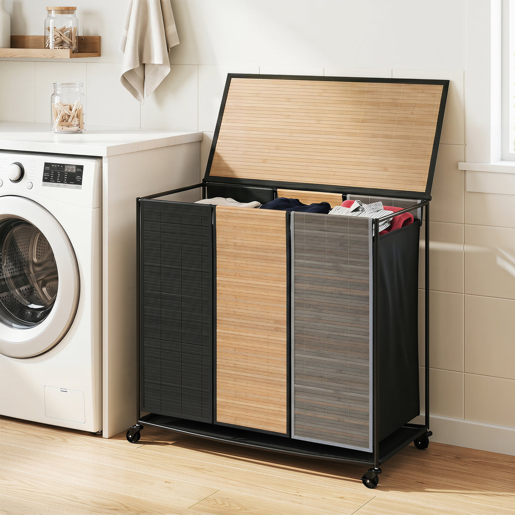 21.4 Gal Bamboo Laundry Hamper with 3 Sections - Natural