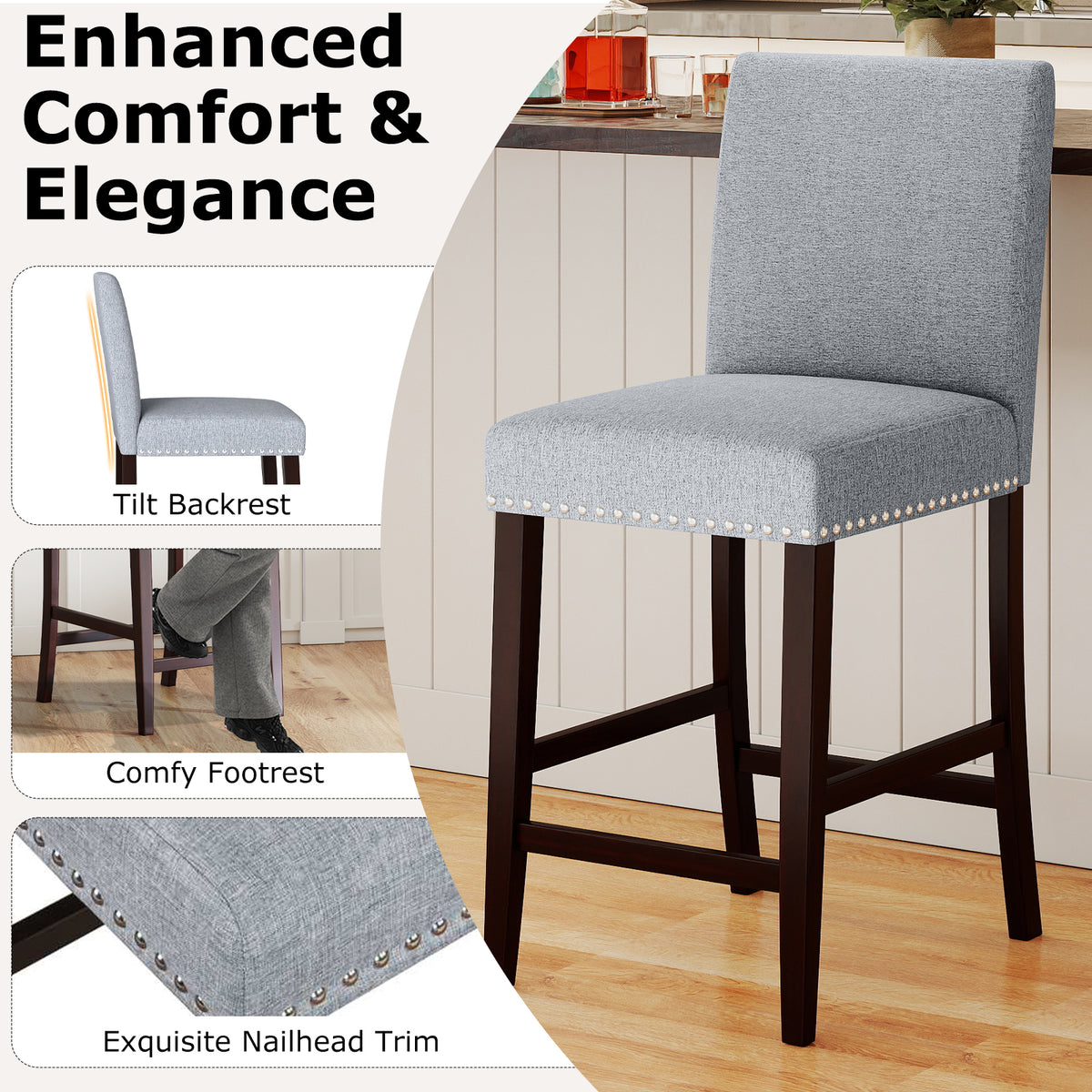26 Inch Counter Height Chairs Set of 2, Gray - Padded Seat