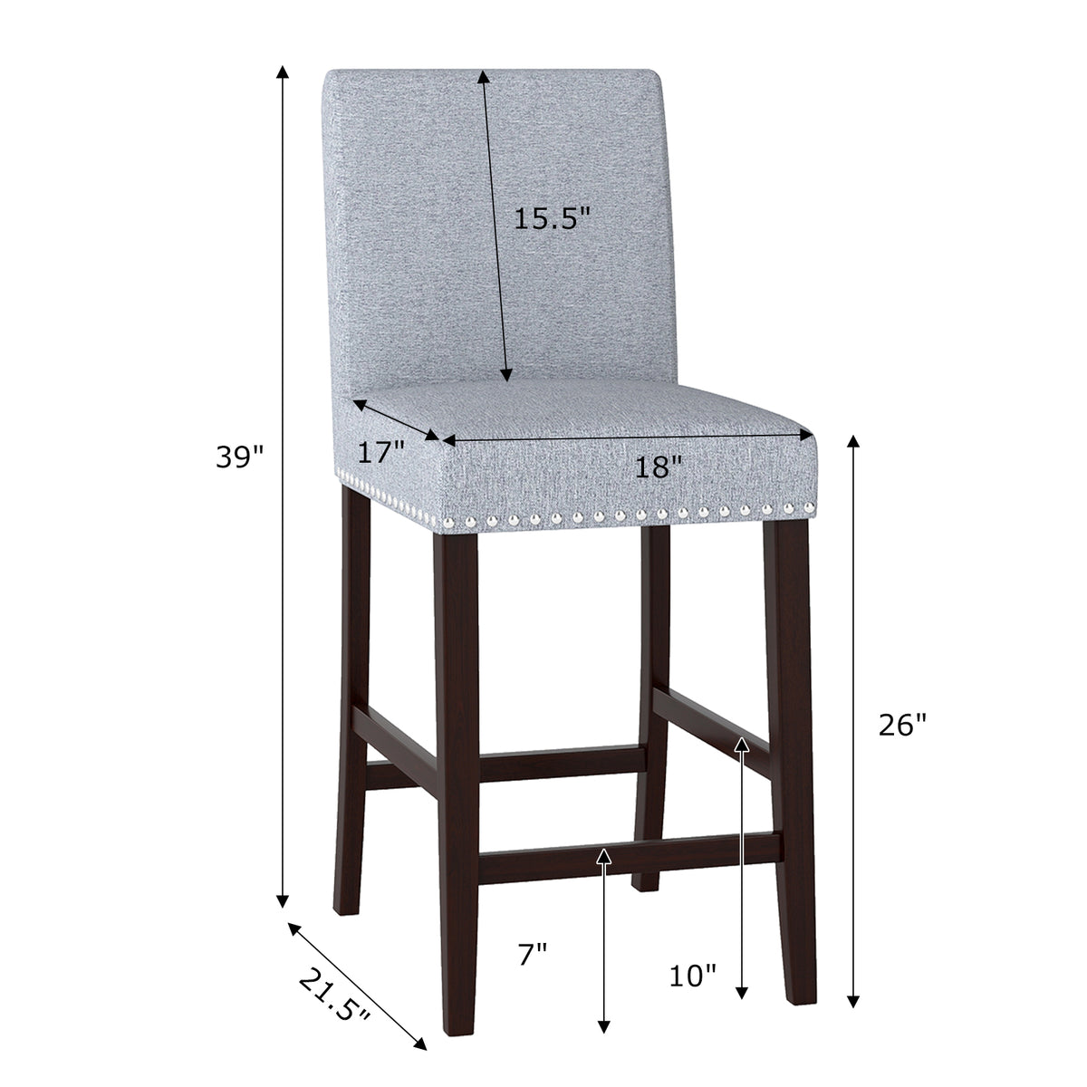26 Inch Counter Height Chairs Set of 2, Gray - Padded Seat