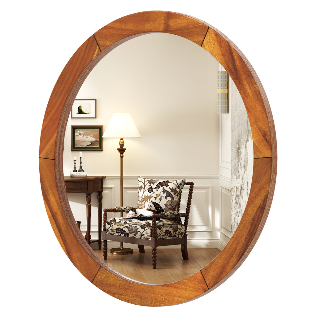 27 Inch Round Wall Mirror with Acacia Wood Frame - Rustic Brown Variation