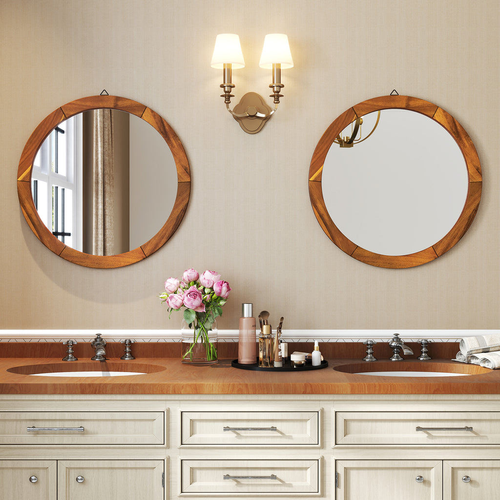 27 Inch Round Wall Mirror with Acacia Wood Frame - Rustic Brown Variation