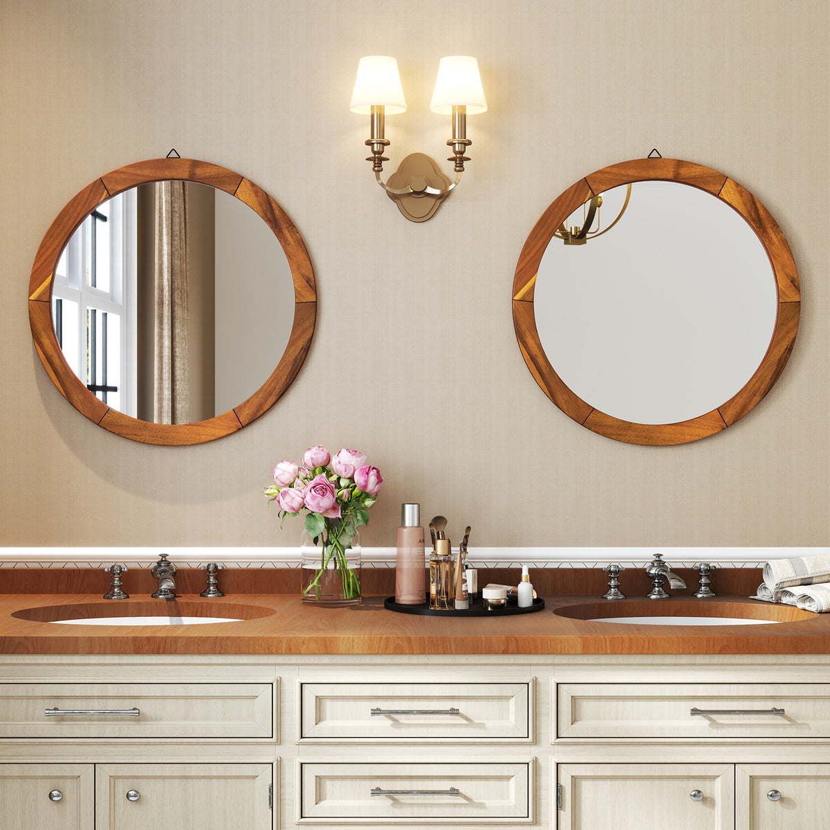 27 Inch Round Wall Mirror with Acacia Wood Frame - Rustic Brown Variation