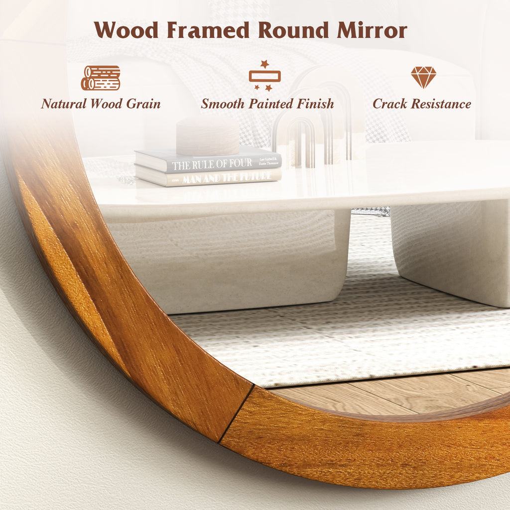 27 Inch Round Wall Mirror with Acacia Wood Frame - Rustic Brown Variation