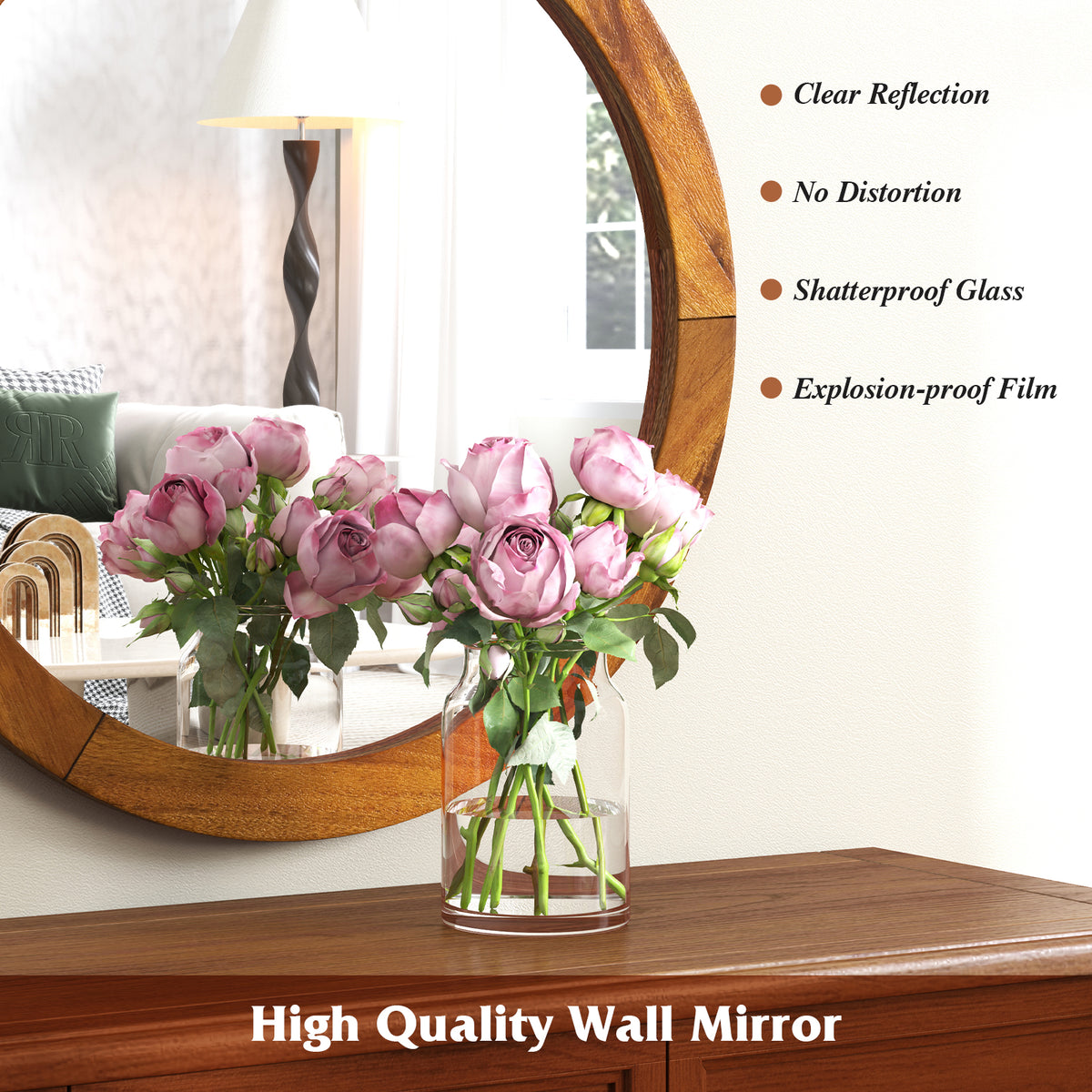 27 Inch Round Wall Mirror with Acacia Wood Frame - Rustic Brown Variation