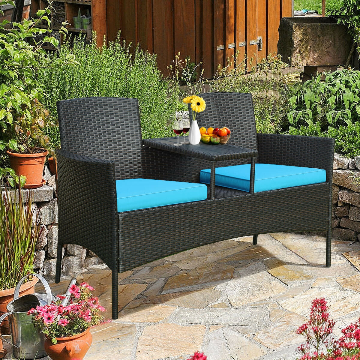 Patented Modern Patio Set with Built-in Coffee Table and Cushions