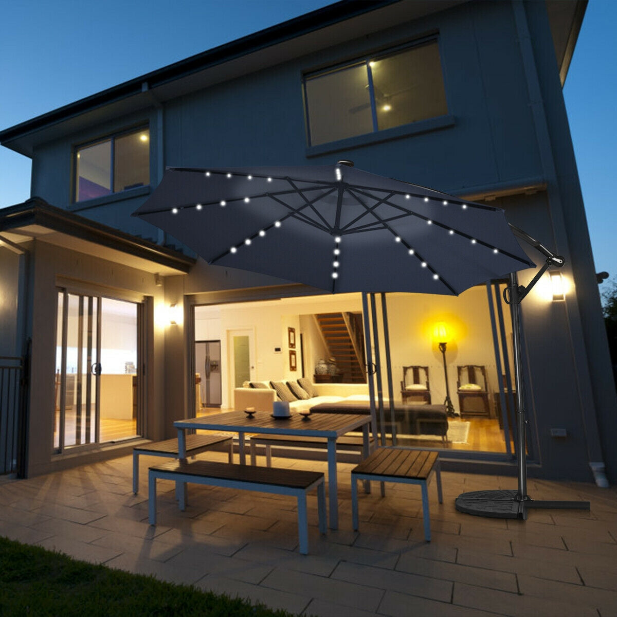 10 x 8 Feet Solar Patio Umbrella with 32 LED Lights, 360° Rotation, Navy