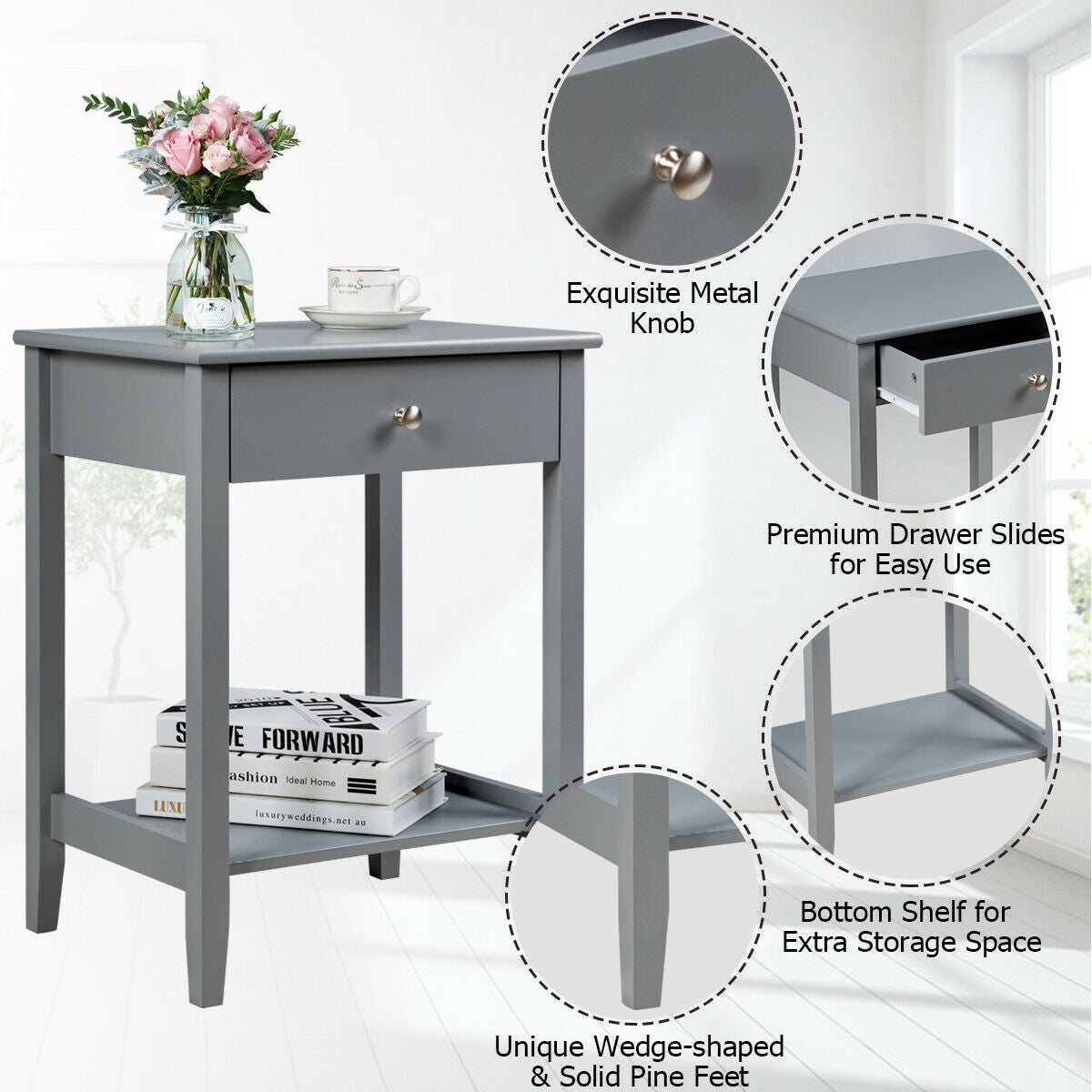 Wooden Nightstand with Drawer & Shelf Storage - Gray