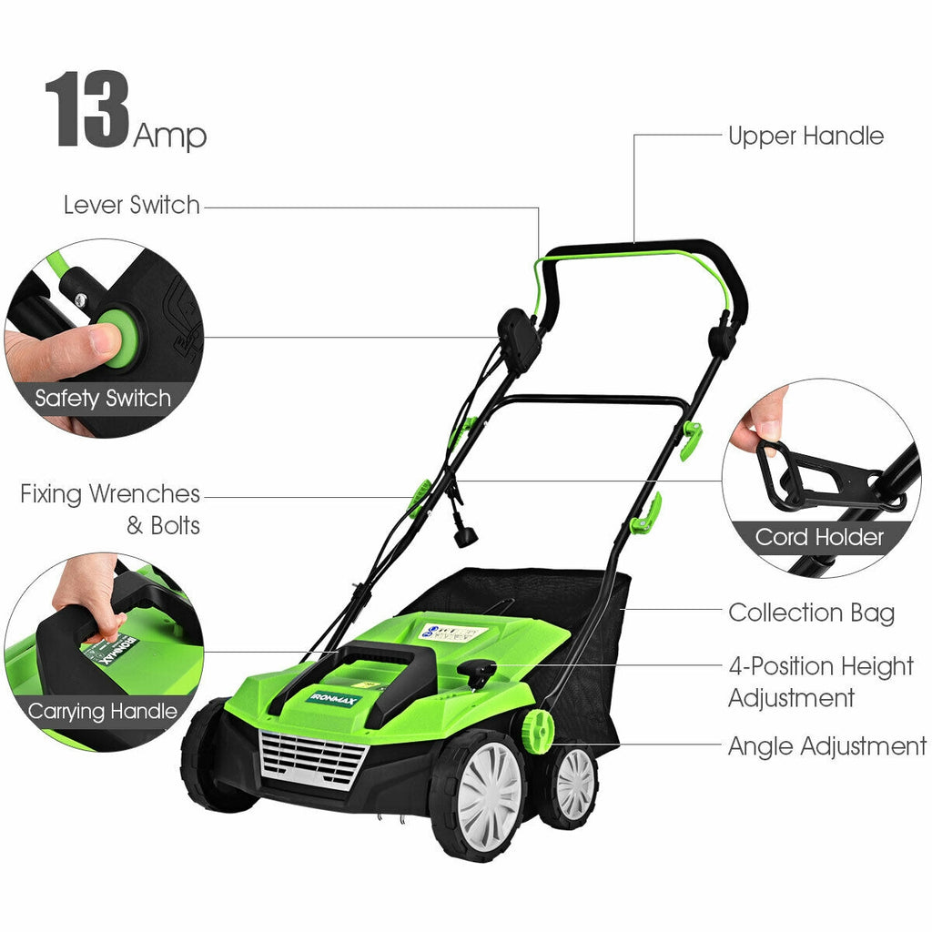 15 Inch 13 Amp Electric Scarifier with Collection Bag and Removable
