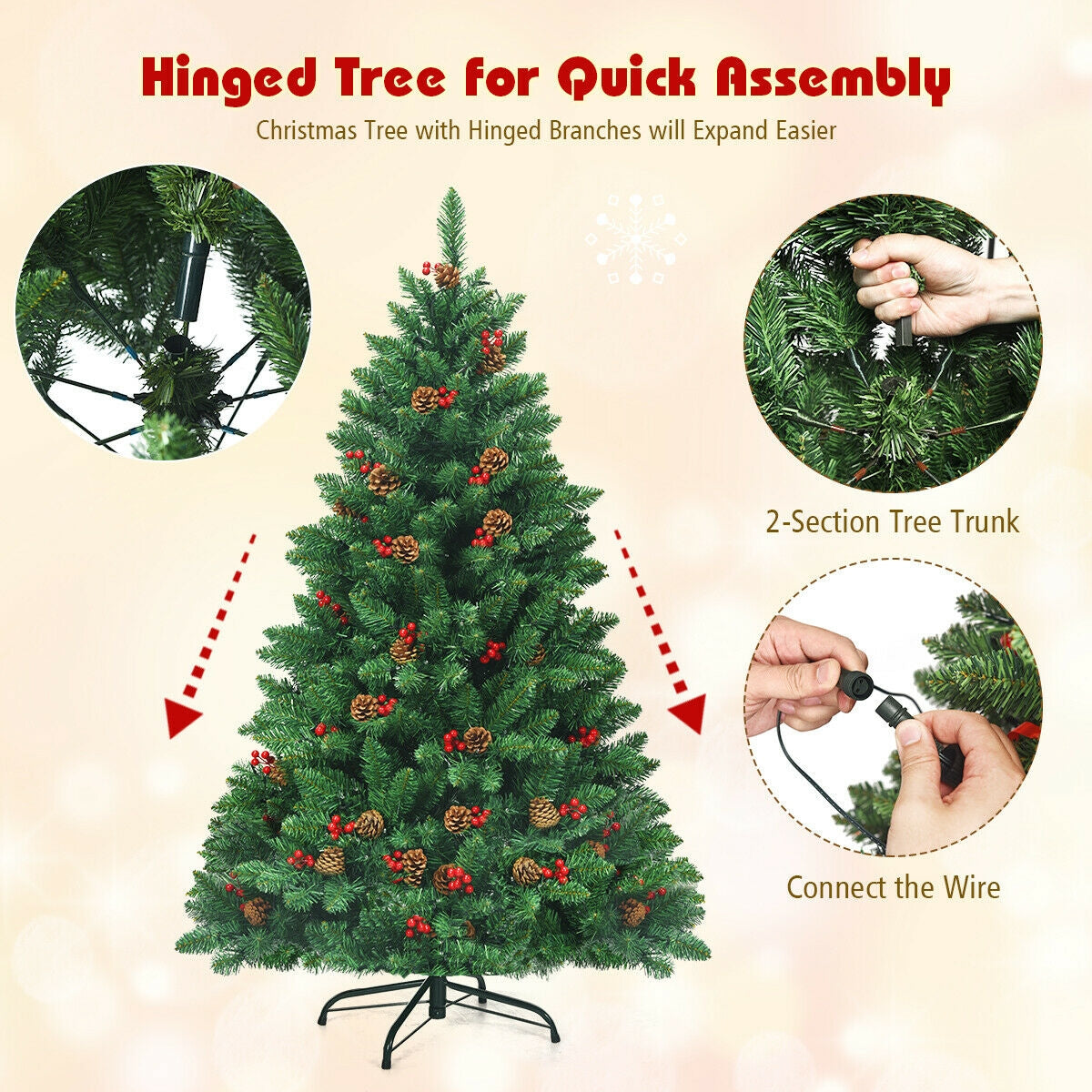 4.5 Feet Pre-Lit Hinged Christmas Tree with 300 LED Lights and Pine Cone Decor