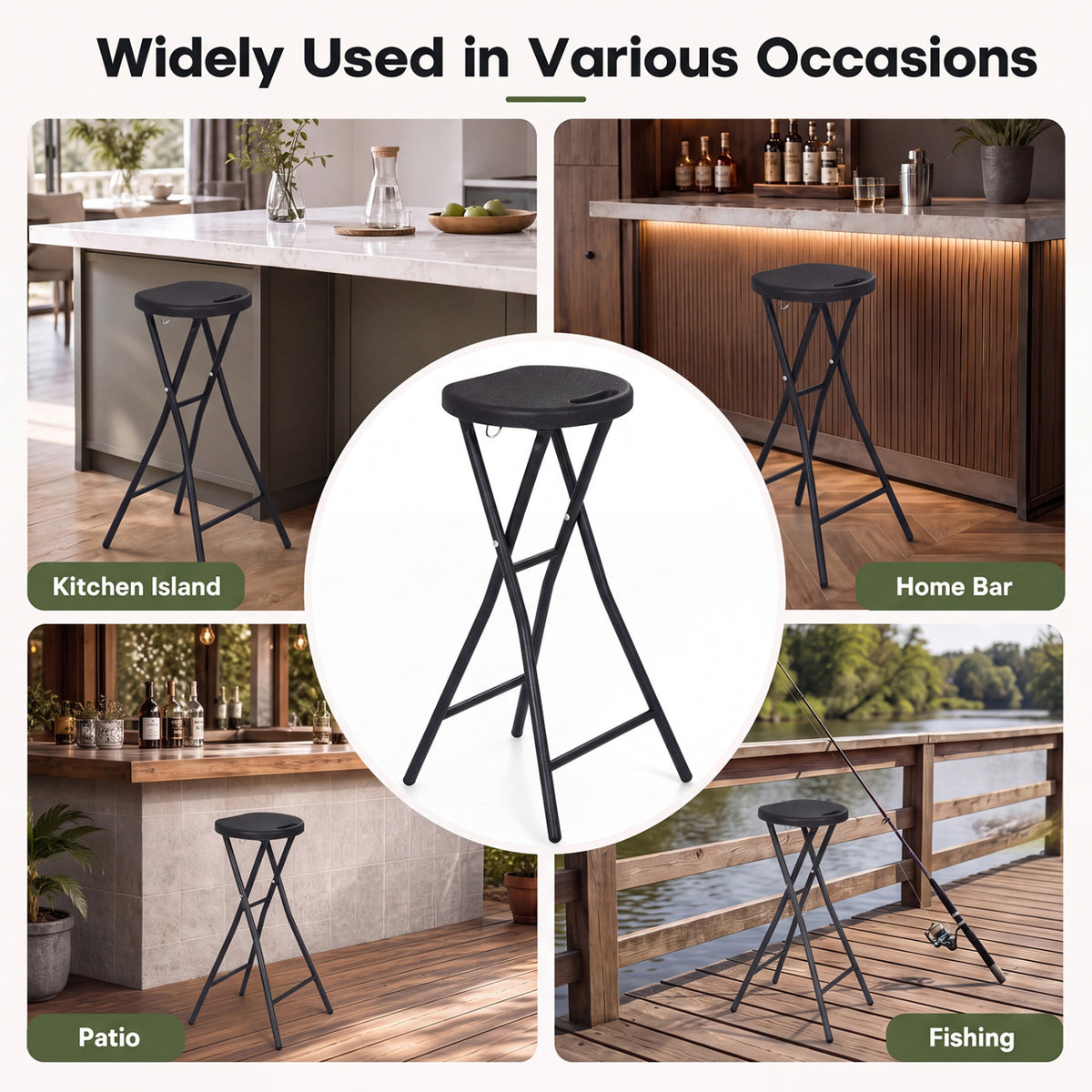 27.5" Folding Bar Stool with HDPE Seat & Carry Handle - Black