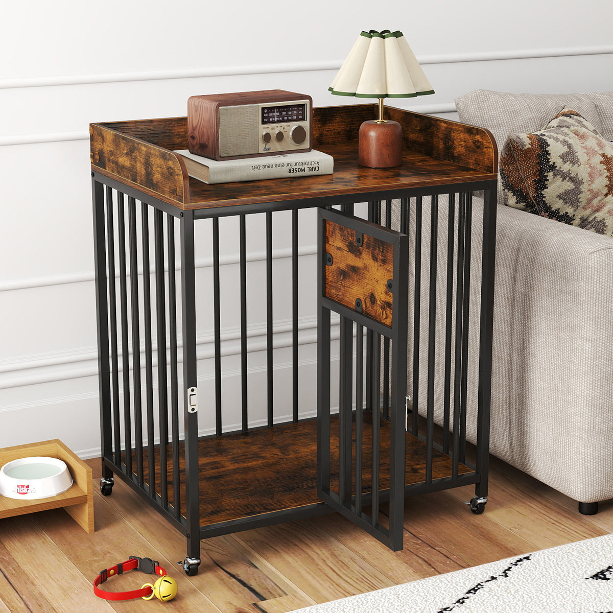 2-in-1 27.5 Inch Dog Crate with Wheels & Table - Rustic Brown, Lockable, Easy Clean