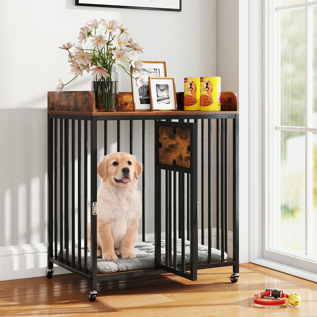 2-in-1 27.5 Inch Dog Crate with Wheels & Table - Rustic Brown, Lockable, Easy Clean
