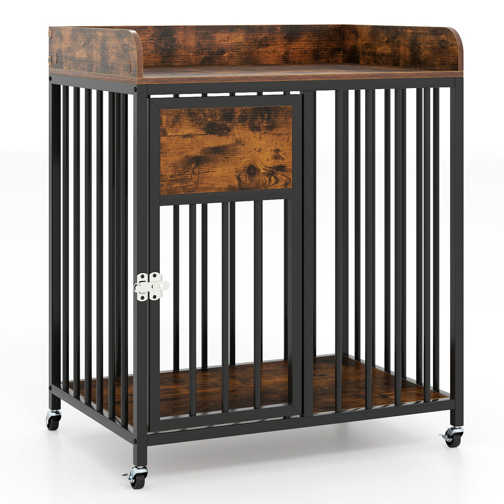 2-in-1 27.5 Inch Dog Crate with Wheels & Table - Rustic Brown, Lockable, Easy Clean