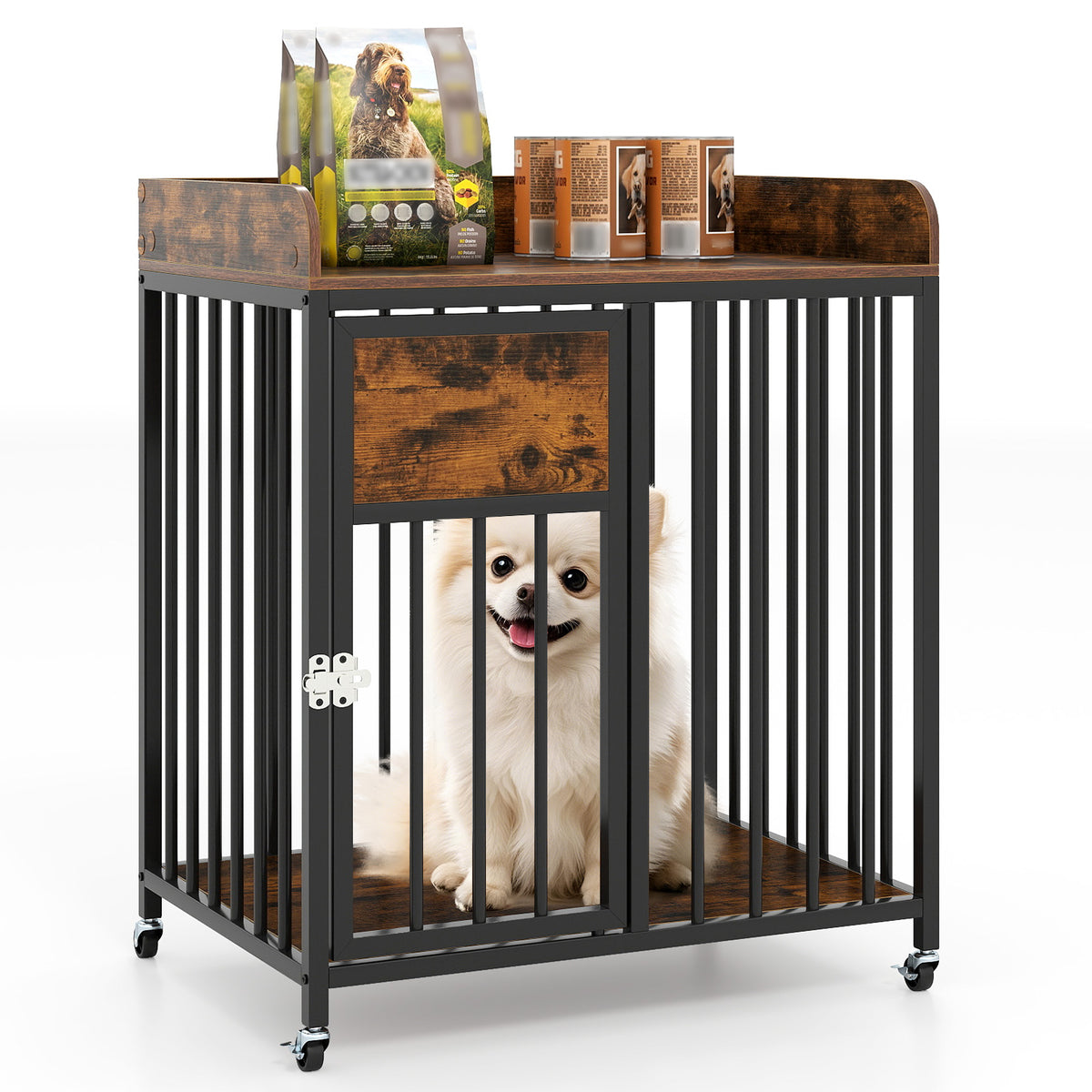 2-in-1 27.5 Inch Dog Crate with Wheels & Table - Rustic Brown, Lockable, Easy Clean