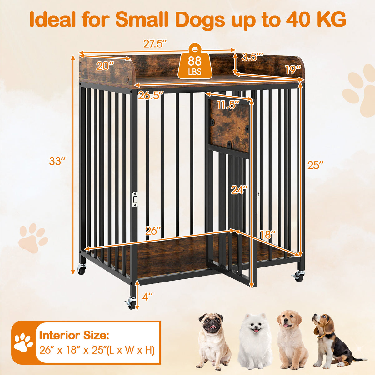 2-in-1 27.5 Inch Dog Crate with Wheels & Table - Rustic Brown, Lockable, Easy Clean